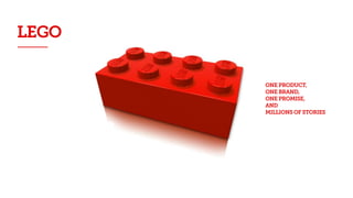 LEGO
ONE PRODUCT,
ONE BRAND,
ONE PROMISE,
AND
MILLIONS OF STORIES
 