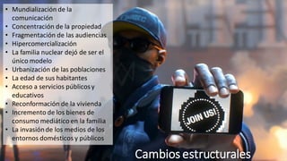 Cambios estructurales
• Mundialización de la
comunicación
• Concentración de la propiedad
• Fragmentación de las audiencias
• Hipercomercialización
• La familia nuclear dejó de ser el
único modelo
• Urbanización de las poblaciones
• La edad de sus habitantes
• Acceso a servicios públicosy
educativos
• Reconformación de la vivienda
• Incremento de los bienes de
consumo mediático en la familia
• La invasiónde los medios de los
entornos domésticos y públicos
 