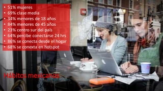 Hábitos mexicanos
• 51% mujeres
• 69% clase media
• 34% menores de 18 años
• 84% menores de 45 años
• 23% centro sur del país
• 64% percibe conectarse 24 hrs
• 86% se conecta desde el hogar
• 68% se conexta en hotspot
 