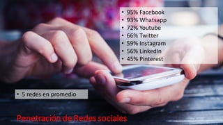 Penetración de Redes sociales
• 95% Facebook
• 93% Whatsapp
• 72% Youtube
• 66% Twitter
• 59% Instagram
• 56% LinkedIn
• 45% Pinterest
• 5 redes en promedio
 