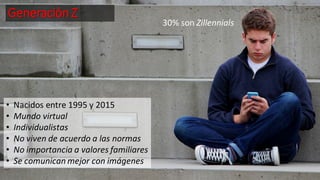 Generación Z
• Nacidos entre 1995 y 2015
• Mundo virtual
• Individualistas
• No viven de acuerdo a las normas
• No importancia a valores familiares
• Se comunican mejor con imágenes
30% son Zillennials
 