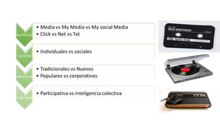 Audiencias
• Media vs My Media vs My social Media
• Click vs Net vs Txt
Usuarios
• Individuales vs sociales
Mediática
• Tradicionales vs Nuevos
• Populares vs corporativos
Cognitivas
• Participativa vs inteligencia colectiva
 