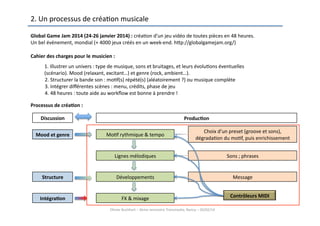 2.	
  Un	
  processus	
  de	
  créaVon	
  musicale	
  
Global	
  Game	
  Jam	
  2014	
  (24-­‐26	
  janvier	
  2014)	
  :	
  créaVon	
  d’un	
  jeu	
  vidéo	
  de	
  toutes	
  pièces	
  en	
  48	
  heures.	
  	
  
Un	
  bel	
  évènement,	
  mondial	
  (+	
  4000	
  jeux	
  créés	
  en	
  un	
  week-­‐end.	
  htp://globalgamejam.org/)	
  	
  
Cahier	
  des	
  charges	
  pour	
  le	
  musicien	
  :	
  
	
  
	
  
	
  
	
  	
  

1.	
  Illustrer	
  un	
  univers	
  :	
  type	
  de	
  musique,	
  sons	
  et	
  bruitages,	
  et	
  leurs	
  évoluVons	
  éventuelles	
  
(scénario).	
  Mood	
  (relaxant,	
  excitant…)	
  et	
  genre	
  (rock,	
  ambient…).	
  	
  
	
  
2.	
  Structurer	
  la	
  bande	
  son	
  :	
  moVf(s)	
  répété(s)	
  (aléatoirement	
  ?)	
  ou	
  musique	
  complète	
  
3.	
  Intégrer	
  diﬀérentes	
  scènes	
  :	
  menu,	
  crédits,	
  phase	
  de	
  jeu	
  	
  	
  
4.	
  48	
  heures	
  :	
  toute	
  aide	
  au	
  workﬂow	
  est	
  bonne	
  à	
  prendre	
  !	
  

Processus	
  de	
  créa(on	
  :	
  	
  	
  
Discussion	
  

Produc(on	
  
MoVf	
  rythmique	
  &	
  tempo	
  

Choix	
  d’un	
  preset	
  (groove	
  et	
  sons),	
  
dégradaVon	
  du	
  moVf,	
  puis	
  enrichissement	
  

Lignes	
  mélodiques	
  	
  

Sons	
  ;	
  phrases	
  

Structure	
  

Développements	
  	
  

Message	
  

Intégra(on	
  	
  

FX	
  &	
  mixage	
  	
  	
  

Mood	
  et	
  genre	
  

Olivier	
  Buchheit	
  –	
  3ème	
  rencontre	
  Transmedia,	
  Nancy	
  –	
  20/02/14	
  

Contrôleurs	
  MIDI	
  

 