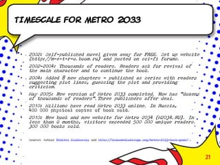 Timescale for metro 2033



 •   2002: Self-published novel given away for FREE. Set up website
     (http://m-e-t-r-o.boom.ru) and posted on sci-fi forums.
 •   2002-2004: Thousands of readers. Readers ask for revival of
     the main character and to continue the book.
 •   2004: Added 8 new chapters – published as series with readers
     suggesting plot lines, guessing the plot and providing
     criticism.
 •   May 2005: New version of Metro 2033 completed. Now has “dozens
     of thousands of readers”.Three publishers offer deal.
 •   2010: Millions have read Metro 2033 online. In Russia,
     400 000 physical copies of book sold.
 •   2010: New book and new website for Metro 2034 (M2034.RU). In
     less than 6 months, visitors exceeded 500 000 unique readers.
     300 000 books sold.

 •   Source: Author Dimitri Glukhovsky and http://transmediadesign.org/metro-2033-book-game/




                                                                                               21
 