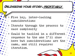 Delivering your story, profitably



  • Five key, inter-locking
    considerations
  • Iterate through the process to
    ease complexity
  • Could be tackled in a different
    sequence to the one I’ll show
    here but considerations are the
    same… and still requires
    iteration.
                                      23
 