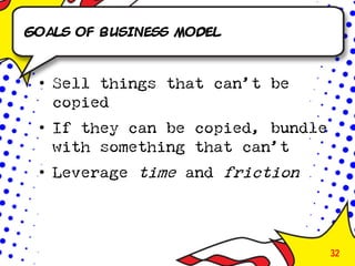 Goals of business model



 • Sell things that can’t be
   copied
 • If they can be copied, bundle
   with something that can’t
 • Leverage time and friction




                                   32
 
