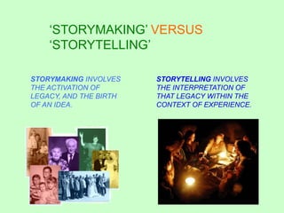 ‘STORYMAKING’ VERSUS ‘STORYTELLING’ STORYMAKING INVOLVES THE ACTIVATION OF LEGACY, AND THE BIRTH OF AN IDEA.STORYTELLING INVOLVES THE INTERPRETATION OF THAT LEGACY WITHIN THE CONTEXT OF EXPERIENCE.