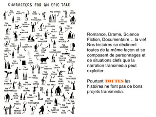 Romance, Drame, Science
Fiction, Documentaire… la vie!
Nos histoires se déclinent
toutes de la même façon et se
composent de personnages et
de situations clefs que la
narration transmedia peut
exploiter.
Pourtant TOUTES les
histoires ne font pas de bons
projets transmedia.

 