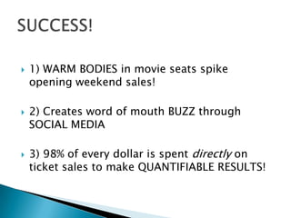 1) WARM BODIES in movie seats spike opening weekend sales!2) Creates word of mouth BUZZ through SOCIAL MEDIA3) 98% of every dollar is spent directlyon ticket sales to make QUANTIFIABLE RESULTS!SUCCESS!