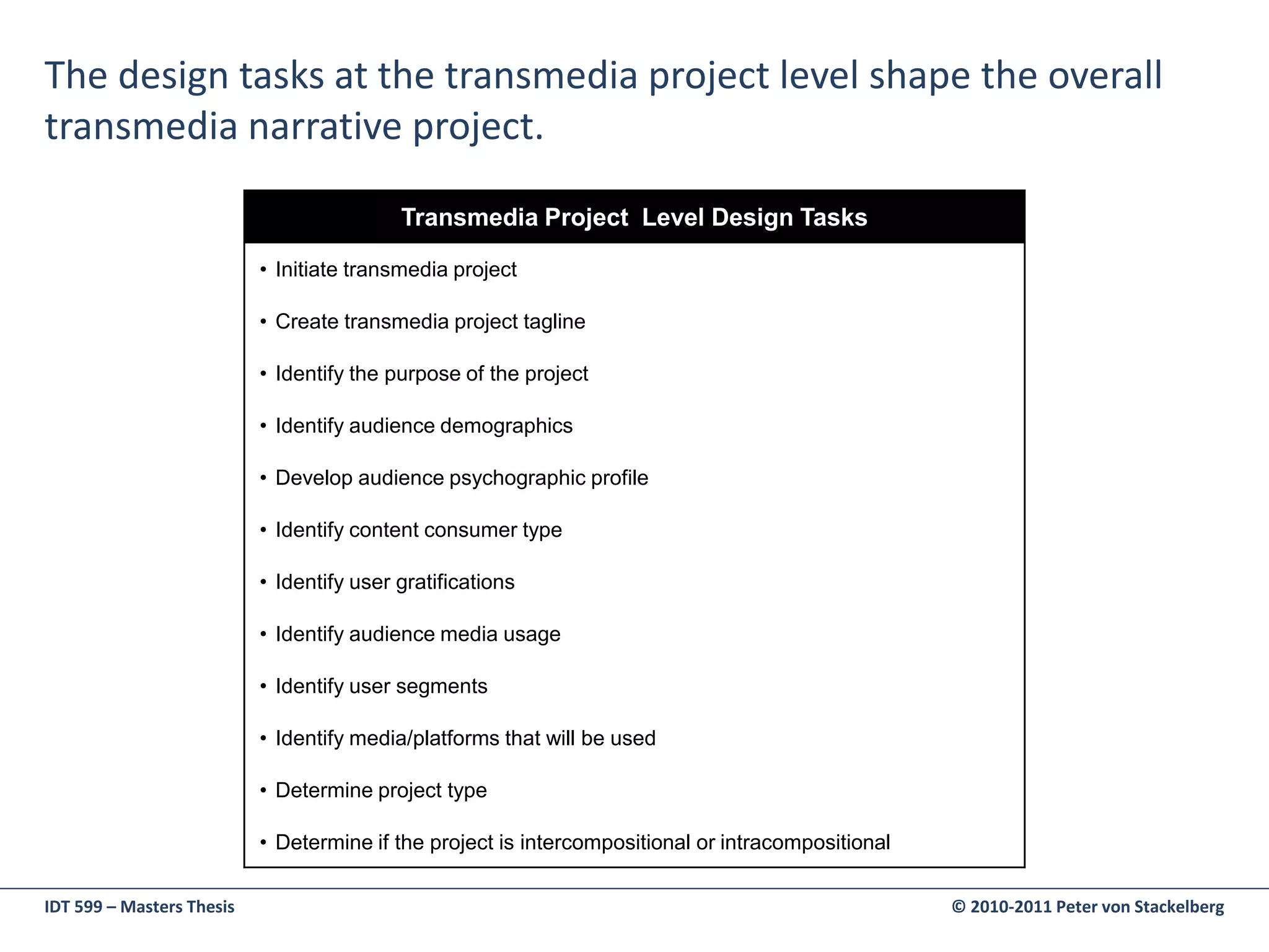 The design tasks at the transmedia project level shape the overall
transmedia narrative project.

                                           Transmedia Project Level Design Tasks

                           • Initiate transmedia project

                           • Create transmedia project tagline

                           • Identify the purpose of the project

                           • Identify audience demographics

                           • Develop audience psychographic profile

                           • Identify content consumer type

                           • Identify user gratifications

                           • Identify audience media usage

                           • Identify user segments

                           • Identify media/platforms that will be used

                           • Determine project type

                           • Determine if the project is intercompositional or intracompositional

IDT 599 – Masters Thesis                                                                            © 2010-2011 Peter von Stackelberg
 