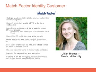Match Factor Identity Customer

•College student, studying to be a nurse, works in the
school nursing office
•Currently single, but would LOVE to be in a
relationship
•Is involved in and wants to be a part of many
different groups
      –In a sorority, plays in band, goes to church and has lots of
      friends

•Many of her FB profile pics are with friends
•Open about her life, tastes, religion, preferences,
etc
•Likes cloths and fashion - is into the latest styles
but wants to also look unique
•Has very eclectic taste in music, media and books
•Is eager for recognition and attention                                 Jillian Thomas –
•Checks in on FB everyday, texts several times a                      friends call her Jilly
day, Skypes with far away family and friends
 