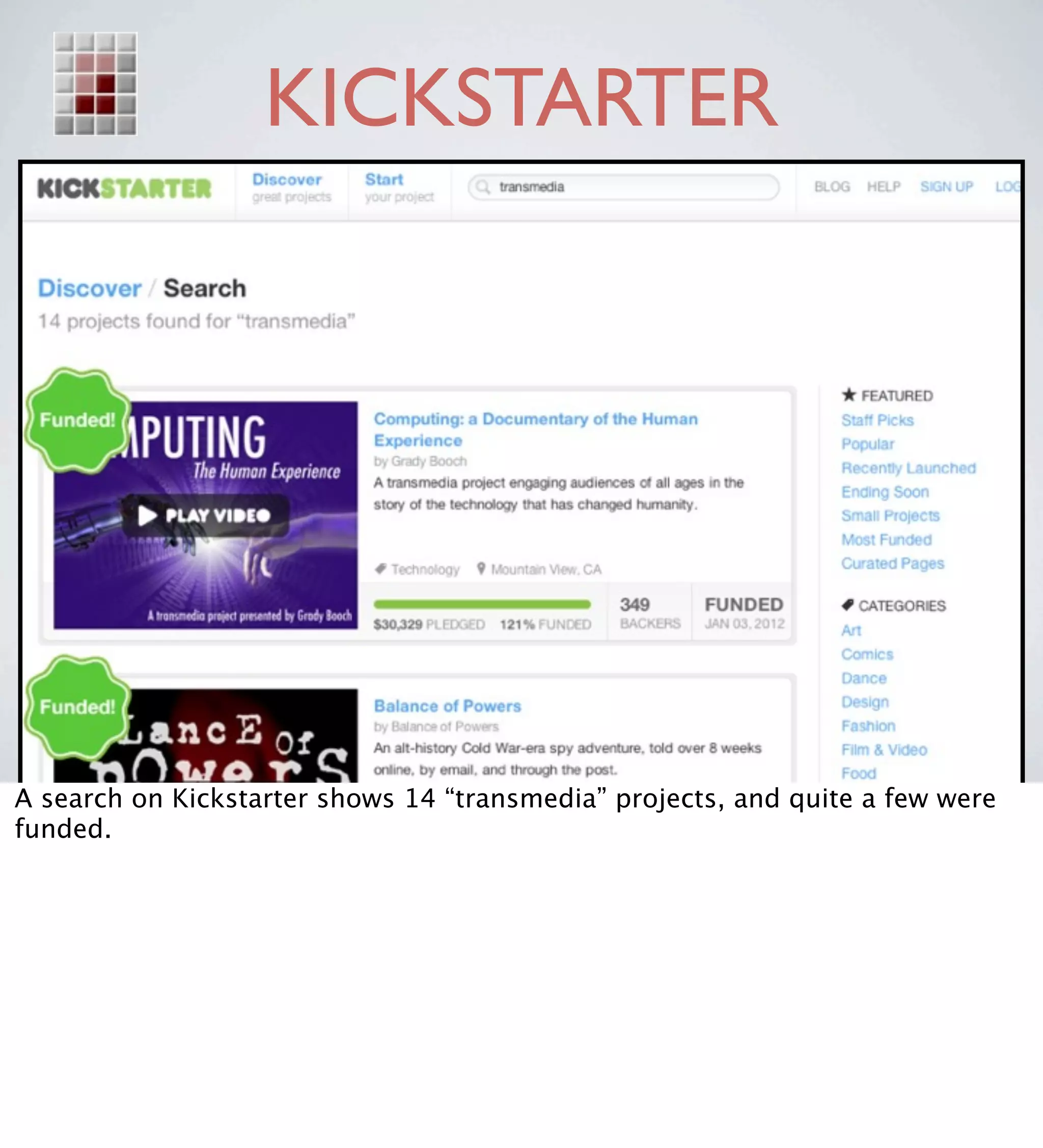 KICKSTARTER




A search on Kickstarter shows 14 “transmedia” projects, and quite a few were
funded.
 