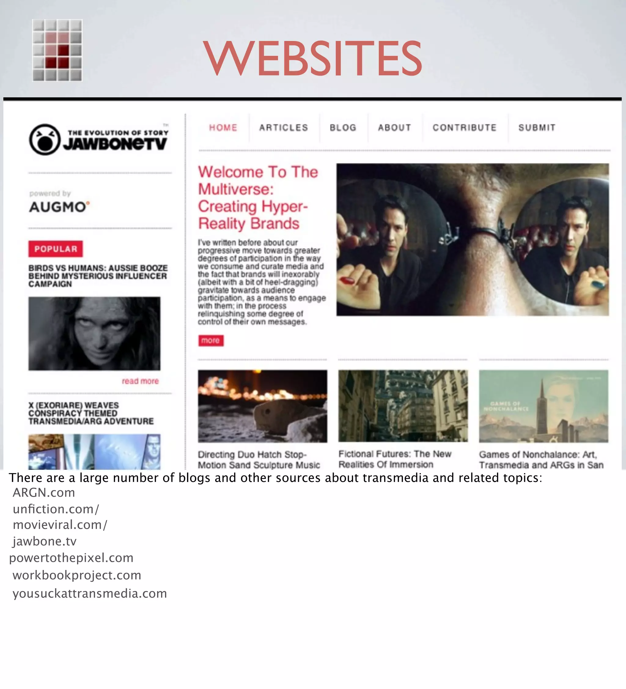 WEBSITES




There are a large number of blogs and other sources about transmedia and related topics:
 ARGN.com
 unﬁction.com/
 movieviral.com/
 jawbone.tv
powertothepixel.com
 workbookproject.com
 yousuckattransmedia.com
 