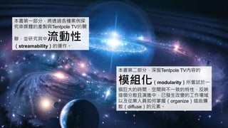 本書第一部分，將透過各種案例探
究串媒體的產製與Tentpole TV的關
聯，並研究其中流動性
（streamability）的運作。
本書第二部分，深掘Tentpole TV內容的
模組化（modularity）所嘗試於一
個巨大的時間、空間與不一致的特性，反映
這個分散且演進中，已發生改變的工作場域
以及從業人員如何掌握（organize）這些擴
散（diffuse）的元素。
 