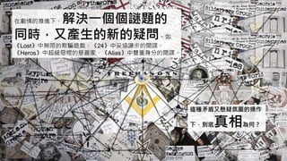 在劇情的推進下，解決一個個謎題的
同時，又產生的新的疑問。如
《Lost》中無限的欺騙遊戲、《24》中妥協讓步的間諜、
《Heros》中超級惡棍的慈善家、《Alias》中雙重身分的間諜。
這種矛盾又懸疑氛圍的操作
下，到底真相為何？
 