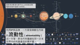 利用IP與品牌，一方面發揮數位內容
的流動性（streamability），
另一方面，聚合所有圍繞在同一文本
世界中的利基產品的需求量。
面對串流影音社群平台上的長尾攻勢，
電視本身作為媒介的特性…
 