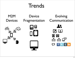 Trends
M2M
Devices
Device
Fragmentation
Evolving
Communication
12
 