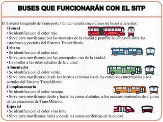 El Sistema Integrado de Transporte Público tendrá cinco clases de buses diferentes:
   Troncal
   • Se identifica con el color rojo.
   • Sirve para movilizarse por las troncales de la ciudad y permite la conexión entre las
   estaciones y portales del Sistema TransMilenio.
   Urbano
   • Se identifica con el color azul.
   • Sirve para movilizarse por las principales vías de la ciudad.
   • Es similar a las rutas actuales de la ciudad.
   Alimentador
   • Se identifica con el color verde.
   • Sirve para movilizarse desde los barrios cercanos hasta las estaciones intermedias y los
   portales del Sistema TransMilenio.
   Complementario
   • Se identifica con el color naranja.
   • Sirve para movilizarse desde y hacia las zonas aledañas, a los accesos peatonales de algunas
   de las estaciones de TransMilenio.
   Especial
   • Se identifica con el color vino tinto.
   • Sirve para movilizarse hacia y desde las zonas periféricas de la ciudad.
 