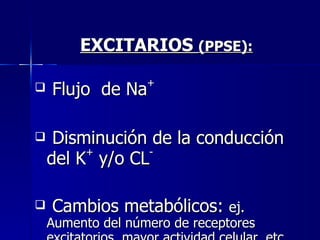 EXCITARIOS  (PPSE): Flujo  de Na + Disminución de la conducción del K +  y/o CL - Cambios metabólicos:  ej.  Aumento del número de receptores excitatorios, mayor actividad celular, etc 