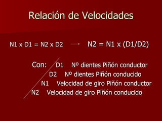 Relación de Velocidades N1 x D1 = N2 x D2   N2 = N1 x (D1/D2) Con:  D1  Nº dientes Piñón conductor D2  Nº dientes Piñón conducido N1  Velocidad de giro Piñón conductor N2  Velocidad de giro Piñón conducido 