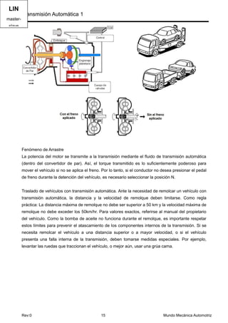 Transmisión Automática 1
Rev:0 15 Mundo Mecánica Automotriz
Fenómeno de Arrastre
La potencia del motor se transmite a la transmisión mediante el fluido de transmisión automática
(dentro del convertidor de par). Así, el torque transmitido es lo suficientemente poderoso para
mover el vehículo si no se aplica el freno. Por lo tanto, si el conductor no desea presionar el pedal
de freno durante la detención del vehículo, es necesario seleccionar la posición N.
Traslado de vehículos con transmisión automática. Ante la necesidad de remolcar un vehículo con
transmisión automática, la distancia y la velocidad de remolque deben limitarse. Como regla
práctica: La distancia máxima de remolque no debe ser superior a 50 km y la velocidad máxima de
remolque no debe exceder los 50km/hr. Para valores exactos, referirse al manual del propietario
del vehículo. Como la bomba de aceite no funciona durante el remolque, es importante respetar
estos límites para prevenir el atascamiento de los componentes internos de la transmisión. Si se
necesita remolcar el vehículo a una distancia superior o a mayor velocidad, o si el vehículo
presenta una falla interna de la transmisión, deben tomarse medidas especiales. Por ejemplo,
levantar las ruedas que traccionan el vehículo, o mejor aún, usar una grúa cama.
LIN Fits
in at
the low
end of
in car
multipl
exing,
making
a LIN
system
a cost
effectiv
e
solution
104.521Increme
ntal cost
per node
125K1M2M20K25.6M
CAN-C
event
triggered
dual wire
CAN-B
event
triggered
fault
tolerant
dual wire
LIN
master-
slave
single wire
bus
no quartz
 