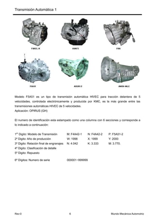 Transmisión Automática 1
Rev:0 6 Mundo Mecánica Automotriz
Modelo F5A51 es un tipo de transmisión automática HIVEC para tracción delantera de 5
velocidades, controlada electrónicamente y producida por KMC, es la más grande entre las
transmisiones automáticas HIVEC de 5 velocidades.
Aplicación: OPIRUS (GH)
El numero de identificación esta estampado como una columna con 6 secciones y corresponde a
lo indicado a continuación:
1er
Digito: Modelo de Transmisión M: F4A42-1 N: F4A42-2 P: F5A51-2
2º Digito: Año de producción W: 1998 X: 1999 Y: 2000
3º Digito: Relación final de engranajes N: 4.042 K: 3.333 M: 3.770.
4º Digito: Clasificación de detalle
5º Digito: Repuesto
6º Dígitos: Numero de serie 000001∼999999
 