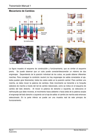 Transmisión Manual 1
Mecanismo de Cambios
La figura muestra el esquema de construcción y funcionamiento, que es similar al esquema
previo. Se puede observar que un cubo puede conectar/desconectar un máximo de dos
engranajes. Dependiendo de la posición individual de los cubos, se puede obtener diferentes
marchas. Para conseguir la condición neutral (no hay engranajes de salida conectados al eje,
todos pueden girar libremente), todos los cubos están en la posición central. Para cambiar una
marcha, se debe mover la palanca de cambios. Este movimiento se transmite a la horquilla
selectora de marcha a través del riel de cambio relacionado, como se indica en el esquema de
cambio del lado derecho. Al mover la palanca de derecha a izquierda, se selecciona el
riel/horquilla que debe moverse, el movimiento hacia adelante o hacia atrás de la palanca acopla
el engranaje del lado derecho o izquierdo con el eje de salida: el cambio de marcha esta entonces
seleccionado. En la parte inferior se puede ver una muestra real de este principio de
funcionamiento.
Rev:0 6 Mundo Mecánica
Automotriz
 
