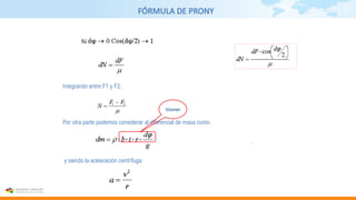 FÓRMULA DE PRONY
Por otra parte podemos considerar al diferencial de masa como:
y siendo la aceleración centrífuga:
Integrando entre F1 y F2:

Volumen
 