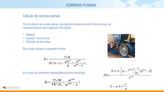 CORREAS PLANAS
Cálculo de correas planas
Para el cálculo de correas planas, que significa calcular el ancho b de la correa, se
necesita disponer de la siguiente información:
• Material
• Espesor t de la correa
• Diámetro de las poleas
Para luego emplear la siguiente fórmula:
En el caso de considerar despreciable la fuerza centrífuga:
𝑏=
75 𝑁
𝑡𝑉 𝜎𝑡
(
𝑒𝜇𝛼
𝑒
𝜇𝛼
−1
)
𝑏=
75 𝑁
𝑡𝑉 (𝜎 ¿¿𝑡 −
𝜌 𝑉
2
𝑔
)(
𝑒
𝜇𝛼
𝑒
𝜇𝛼
−1
)¿
 