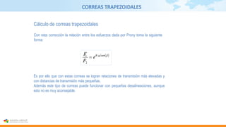 CORREAS TRAPEZOIDALES
Cálculo de correas trapezoidales
Con esta corrección la relación entre los esfuerzos dada por Prony toma la siguiente
forma:
Es por ello que con estas correas se logran relaciones de transmisión más elevadas y
con distancias de transmisión más pequeñas.
Además este tipo de correas puede funcionar con pequeñas desalineaciones, aunque
esto no es muy aconsejable.
 