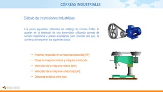 CORREAS INDUSTRIALES
Cálculo de trasmisiones industriales
Los pasos siguientes, obtenidos del catálogo de correas Roflex, lo
guiarán en la selección de una transmisión utilizando correas de
sección trapezoidal y poleas acanaladas para conectar dos ejes. Al
comienzo se requieren los siguientes datos:
• Potencia requerida en la máquina conducida [HP]
• Clase de máquina motora y máquina conducida
• Velocidad de la máquina motora [rpm]
• Velocidad de la máquina conducida [rpm]
• Distancia tentativa entre ejes
 