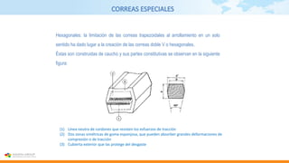 CORREAS ESPECIALES
Hexagonales: la limitación de las correas trapezoidales al arrollamiento en un solo
sentido ha dado lugar a la creación de las correas doble V o hexagonales.
Éstas son construidas de caucho y sus partes constitutivas se observan en la siguiente
figura:
(1) Línea neutra de cordones que resisten los esfuerzos de tracción
(2) Dos zonas simétricas de goma esponjosa, que pueden absorber grandes deformaciones de
compresión o de tracción
(3) Cubierta exterior que las protege del desgaste
 