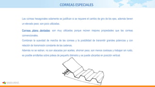 CORREAS ESPECIALES
Las correas hexagonales solamente se justifican si se requiere el cambio de giro de los ejes, además tienen
un elevado peso; son poco utilizadas.
Correas plano dentadas: son muy utilizadas porque reúnen mejores propiedades que las correas
convencionales.
Combinan la suavidad de marcha de las correas y la posibilidad de transmitir grandes potencias y con
relación de transmisión constante de las cadenas.
Además no se estiran, no son atacadas por aceites, ahorran peso, son menos costosas y trabajan sin ruido,
es posible arrollarlas sobre poleas de pequeño diámetro y se puede ubicarlas en posición vertical.
 