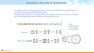 VELOCIDAD Y RELACIÓN DE TRANSMISIÓN
La velocidad radial entre dos ejes conectados por una correa montada sobre dos poleas depende, en
una primera aproximación, del radio de dichas poleas.
Designando con el subíndice 1 a la polea motora, con el subíndice 2 a la polea conducida y asumiendo
que no existe deslizamiento entre las poleas y la correa podemos escribir:
w 2
w 1
=
n 2
n 1
=
r 1
r 2
velocidad de la correa=w 1. r 1=w 2.r 2 Donde:
w: velocidad angular
r: radio de la polea
n: rpm de la polea
i=
d 1
d 2
=
dp 1
dp 2
=
n 2
n 1
Entonces,
Relación de transmisión,
 