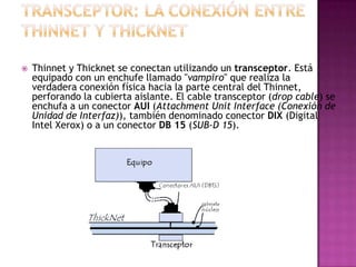    Thinnet y Thicknet se conectan utilizando un transceptor. Está
    equipado con un enchufe llamado "vampiro" que realiza la
    verdadera conexión física hacia la parte central del Thinnet,
    perforando la cubierta aislante. El cable transceptor (drop cable) se
    enchufa a un conector AUI (Attachment Unit Interface (Conexión de
    Unidad de Interfaz)), también denominado conector DIX (Digital
    Intel Xerox) o a un conector DB 15 (SUB-D 15).
 