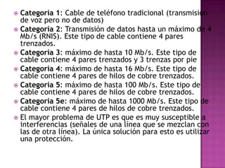 Categoría 1: Cable de teléfono tradicional (transmisión
  de voz pero no de datos)
 Categoría 2: Transmisión de datos hasta un máximo de 4
  Mb/s (RNIS). Este tipo de cable contiene 4 pares
  trenzados.
 Categoría 3: máximo de hasta 10 Mb/s. Este tipo de
  cable contiene 4 pares trenzados y 3 trenzas por pie
 Categoría 4: máximo de hasta 16 Mb/s. Este tipo de
  cable contiene 4 pares de hilos de cobre trenzados.
 Categoría 5: máximo de hasta 100 Mb/s. Este tipo de
  cable contiene 4 pares de hilos de cobre trenzados.
 Categoría 5e: máximo de hasta 1000 Mb/s. Este tipo de
  cable contiene 4 pares de hilos de cobre trenzados.
 El mayor problema de UTP es que es muy susceptible a
  interferencias (señales de una línea que se mezclan con
  las de otra línea). La única solución para esto es utilizar
  una protección.
 