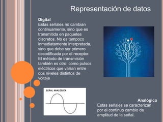 Representación de datos
Digital
Estas señales no cambian
continuamente, sino que es
transmitida en paquetes
discretos. No es tampoco
inmediatamente interpretada,
sino que debe ser primero
decodificada por el receptor.
El método de transmisión
también es otro: como pulsos
eléctricos que varían entre
dos niveles distintos de
voltaje
Analógico
Estas señales se caracterizan
por el continuo cambio de
amplitud de la señal.
 