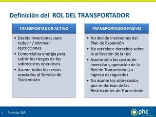 Definición del ROL DEL TRANSPORTADOR
8
TRANSPORTADOR ACTIVO
• Decide inversiones para
reducir / eliminar
restricciones
• Comercializa energía para
cubrir los riesgos de los
sobrecostos operativos
• Asume todos los costos
asociados al Servicio de
Transmisión
TRANSPORTADOR PASIVO
• No decide inversiones del
Plan de Expansión
• No establece derechos sobre
la utilización de la red
• Asume sólo los costos de
inversión y operación de la
Red de Transmisión (su
ingreso es regulado)
• No asume los sobrecostos
que se derivan de las
Restricciones de Transmisión
Fuente: ISA
 