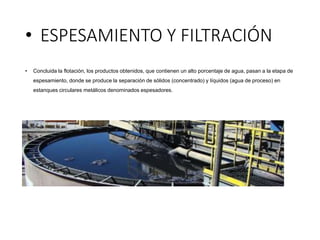 • ESPESAMIENTO Y FILTRACIÓN
• Concluida la flotación, los productos obtenidos, que contienen un alto porcentaje de agua, pasan a la etapa de
espesamiento, donde se produce la separación de sólidos (concentrado) y líquidos (agua de proceso) en
estanques circulares metálicos denominados espesadores.
 