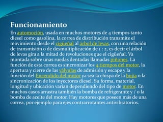 FuncionamientoEn automoción, usada en muchos motores de 4 tiempos tanto diesel como gasolina, la correa de distribución transmite el movimiento desde el cigüeñal al árbol de levas, con una relación de transmisión o de desmultiplicación de 1 : 2, es decir el árbol de levas gira a la mitad de revoluciones que el cigüeñal. Va montada sobre unas ruedas dentadas llamadas piñones. La función de esta correa es sincronizar los 4 tiempos del motor, la apertura y cierre de las válvulas de admisión y escape y la función del Encendido del motor ya sea la chispa de la bujía o la sincronización de los inyectores diesel. Su forma, material, longitud y ubicación varían dependiendo del tipo de motor. En muchos casos arrastra también la bomba de refrigerante y / o la bomba de aceite del motor. Hay motores que poseen más de una correa, por ejemplo para ejes contrarrotantes antivibratorios.