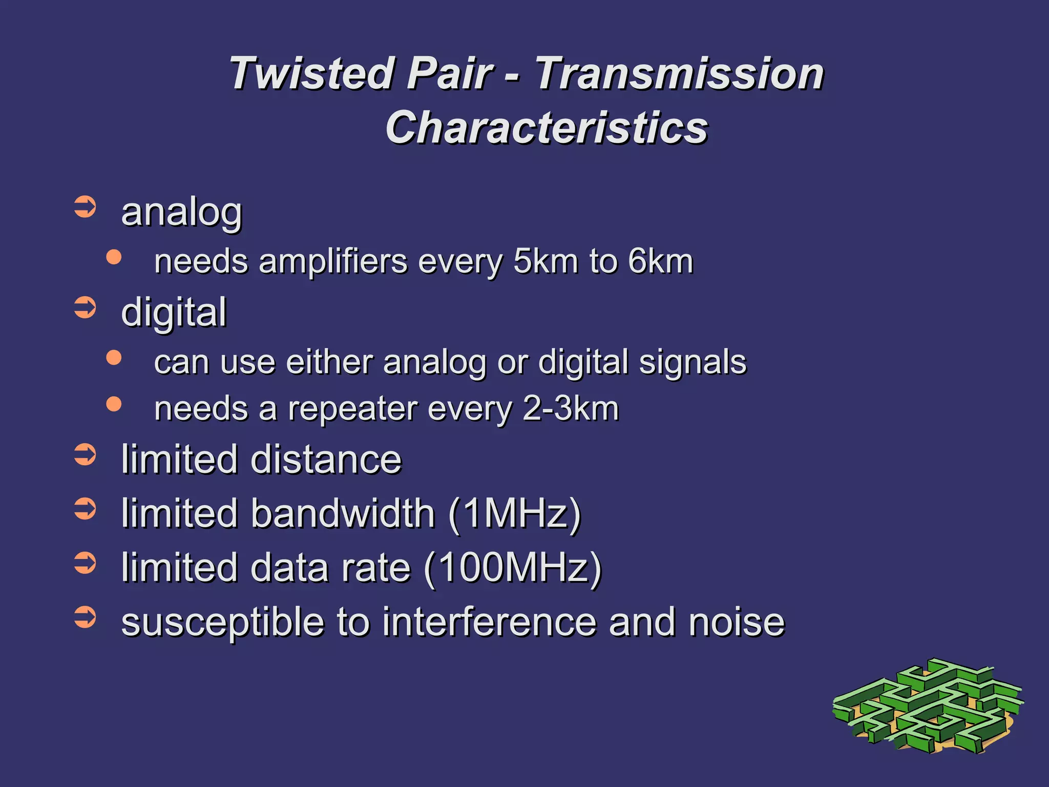 Twisted Pair - TransmissionTwisted Pair - Transmission
CharacteristicsCharacteristics
➲ analoganalog
 needs amplifiers every 5km to 6kmneeds amplifiers every 5km to 6km
➲ digitaldigital
 can use either analog or digital signalscan use either analog or digital signals
 needs a repeater every 2-3kmneeds a repeater every 2-3km
➲ limited distancelimited distance
➲ limited bandwidth (1MHz)limited bandwidth (1MHz)
➲ limited data rate (100MHz)limited data rate (100MHz)
➲ susceptible to interference and noisesusceptible to interference and noise
 