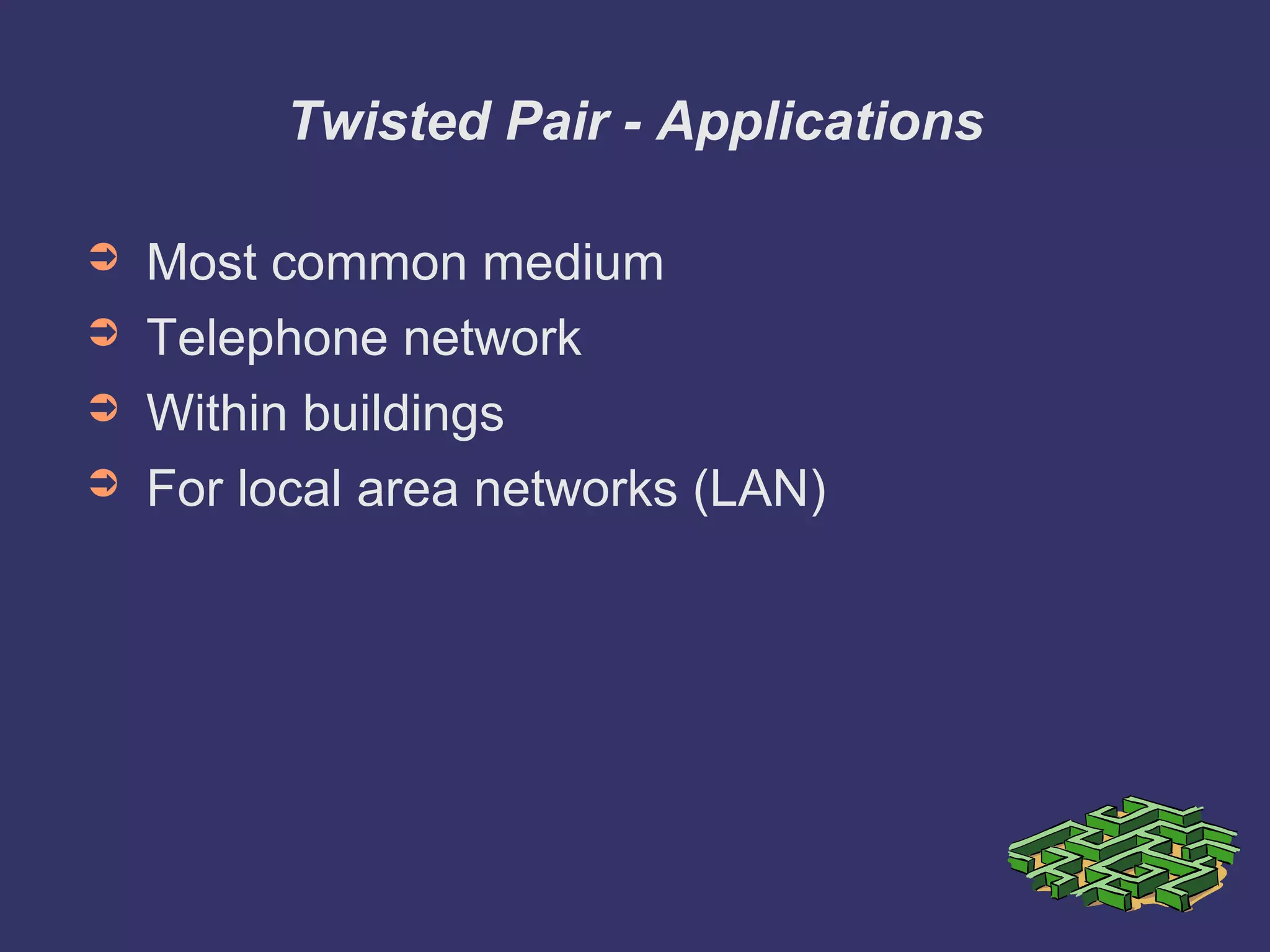 Twisted Pair - Applications
➲ Most common medium
➲ Telephone network
➲ Within buildings
➲ For local area networks (LAN)
 