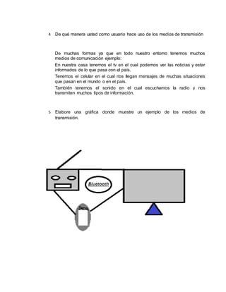 4 De qué manera usted como usuario hace uso de los medios de transmisión
De muchas formas ya que en todo nuestro entorno tenemos muchos
medios de comunicación ejemplo:
En nuestra casa tenemos el tv en el cual podemos ver las noticias y estar
informados de lo que pasa con el país.
Tenemos el celular en el cual nos llegan mensajes de muchas situaciones
que pasan en el mundo o en el país.
También tenemos el sonido en el cual escuchamos la radio y nos
transmiten muchos tipos de información.
5 Elabore una gráfica donde muestre un ejemplo de los medios de
transmisión.
 