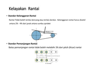 Kelayakan Rantai
• Standar Kelonggaran Rantai
Rantai Tidak boleh terlalu kencang atau terlalu kendur. Kelonggaran rantai harus disetel
antara 2% - 4% dari jarak antara sumbu sproket
• Standar Pemanjangan Rantai
Batas pemanjangan rantai tidak boleh melebihi 3% dari pitch (Kisar) rantai
 