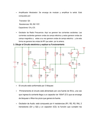 • Amplificador Modulador: Se encarga de modular y amplificar la señal. Está
compuesto por:
Transistor: Q3
Resistencias: R5, R6 Y R7.
Capacitores: C4 y C5.
• Oscilador de Radio Frecuencia: Aquí se generan las corrientes oscilantes. Las
corrientes oscilantes generan ondas de campo eléctrico y estos generan ondas de
campo magnético y estas a su vez generan ondas de campo eléctrico y de esta
forma se generan las ondas de RF que salen por la antena.
3. Dibujar el Circuito electrónico y explicar su Funcionamiento
• El circuito está conformado por 3 bloques:
• Primeramente el circuito está alimentado por una fuente de 9Vcc, una vez
que ingresa la corriente llega a un capacitor de 100nF (C1) que se encarga
de bloquear o filtrar los picos que genera la fuente.
• Oscilador de Audio: está compuesto por 4 resistencias (R1, R2, R3, R4), 2
transistores (Q1 y Q2) y un capacitor (C2); la función que cumplen los
 
