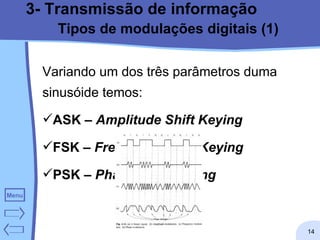 3- Transmissão de informação Tipos de modulações digitais (1) Variando um dos três parâmetros duma sinusóide temos: ASK –  Amplitude Shift Keying   FSK –  Frequency Shift Keying   PSK –  Phase Shift Keying   