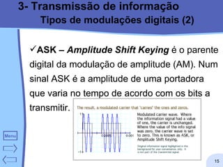 3- Transmissão de informação Tipos de modulações digitais (2) ASK –  Amplitude Shift Keying  é o parente digital da modulação de amplitude (AM). Num sinal ASK é a amplitude de uma portadora que varia no tempo de acordo com os bits a transmitir.  