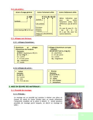 2.2. Les aciers :
        Aciers d'usage général         Aciers fortement alliés           Aciers faiblement alliés


                         S 200                 X 5 Cr Ni 18-10
                                                                          Même indication que
                                     Symbole                              pour      les      aciers
      Symbole                                                             fortement alliés. Seul
                                     % de carbone                         différence: pas de lettre
                                                                          X;
                                     Principaux
                                                                          [% x par 4], pour Cr - Co
                                     éléments
      Limite élastique RE en N/mm²                                        - Mn - Ni - Si - W
                                     d'addition
                                                                          [% x par 10], pour les
                                     Teneur en % des éléments             autres éléments.
                                     D'addition

  2.3. Alliages non ferreux:

     2.3.1. Alliages d'aluminium :


      Aluminium        et    alliages                Alliages d'aluminium corroyés
       d'aluminium de fonderie                           Exemple:
         Exemples:                                     EN AW-2017 [Al Cu 4 Mg Si] :
         Al 99,5 : aluminium à 99,5 %                      Al : aluminium
         Al Cu 4 Mg Ti :                                   4 : 4 % de cuivre
         Cu : cuivre                                       Cu : cuivre
         4 : 4 % de cuivre                                 Mg : magnésium
         Mg : magnésium
         Ti : titane


     2.3.2- Alliages de cuivre :

         Laiton                                        Bronze
         Exemple:                                       Exemple:
         Cu ZN 15 :                                     Cu Sn 8 Pb P :
         Cu : cuivre                                    Cu : cuivre
         Zn : zinc                                      Sn : étain
         15 : 15 % de zinc                              8 : 8 % d’étain
                                                        P : phosphore

3. MISE EN ŒUVRE DES MATERIAUX :
  3.1. Procédé de moulage:

     3.1.1- Principe :

     Le moulage est un procédé qui consiste à réaliser une pièce en
     coulant du métal en fusion (fluide) dans un moule présentant
     l’empreinte (modèle) de la pièce à obtenir. Il existe plusieurs
     procédés de moulage parmi lesquels, on décrit Le moulage en
     sable ;




                                                                 C ha p i t r e 8 Le s m a t é r i a u x   181
 