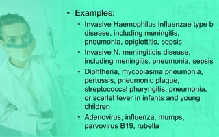 • Examples:
  • Invasive Haemophilus influenzae type b
    disease, including meningitis,
    pneumonia, epiglottitis, sepsis
  • Invasive N. meningitidis disease,
    including meningitis, pneumonia, sepsis
  • Diphtheria, mycoplasma pneumonia,
    pertussis, pneumonic plague,
    streptococcal pharyngitis, pneumonia,
    or scarlet fever in infants and young
    children
  • Adenovirus, influenza, mumps,
    parvovirus B19, rubella
 