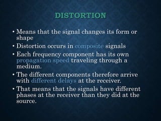 DISTORTION
• Means that the signal changes its form or
shape
• Distortion occurs in composite signals
• Each frequency component has its own
propagation speed traveling through a
medium.
• The different components therefore arrive
with different delays at the receiver.
• That means that the signals have different
phases at the receiver than they did at the
source.
 